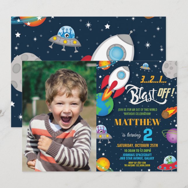 Invitación Vibrante foto de cumpleaños del cohete espacial av (Anverso / Reverso)