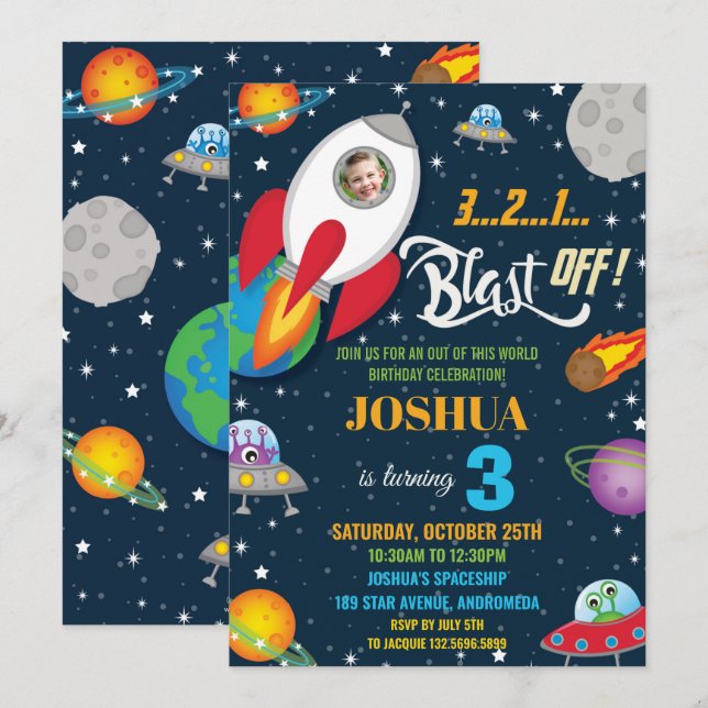 Invitación Vibrante foto de cumpleaños del cohete espacial av (Anverso / Reverso)