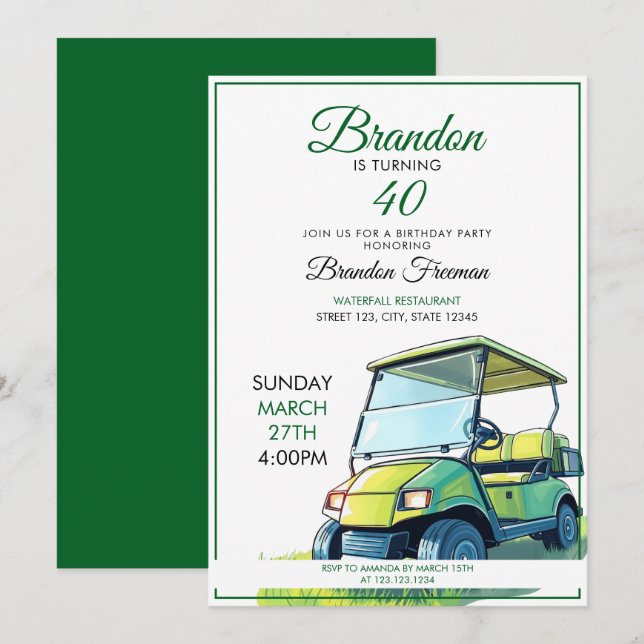 Invitación Vibrante Green & White Golf Cart 40 cumpleaños (Anverso / Reverso)