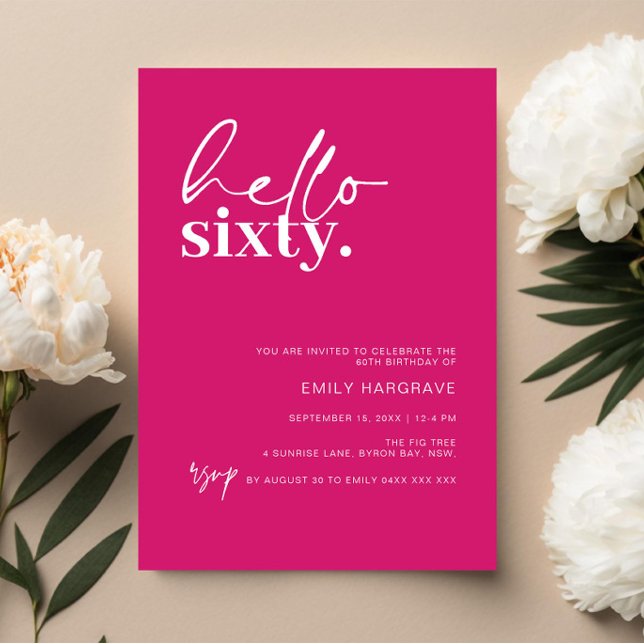 Invitación Vibrante Hot Pink Hola Sesenta cumpleaños (Subido por el creador)