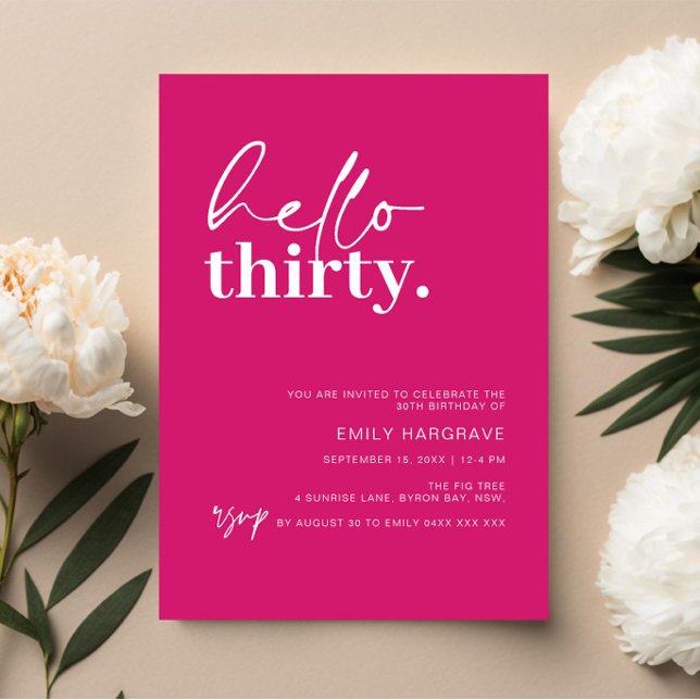 Invitación Vibrante Hot Pink Hola Treinta Fiesta de Cumpleaño (Subido por el creador)