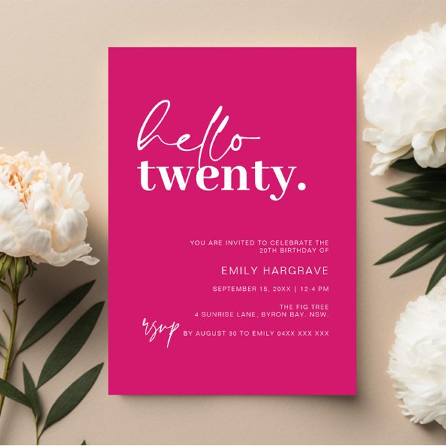 Invitación Vibrante Hot Pink Hola Veinte cumpleaños (Subido por el creador)