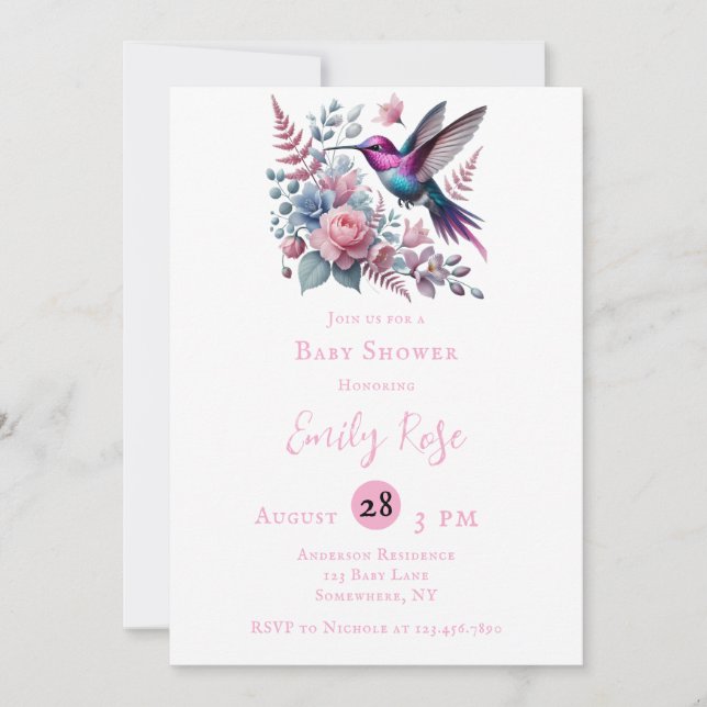 Invitación Vibrante Hummingbird y Chica de Blooms Rosa Baby S (Anverso)
