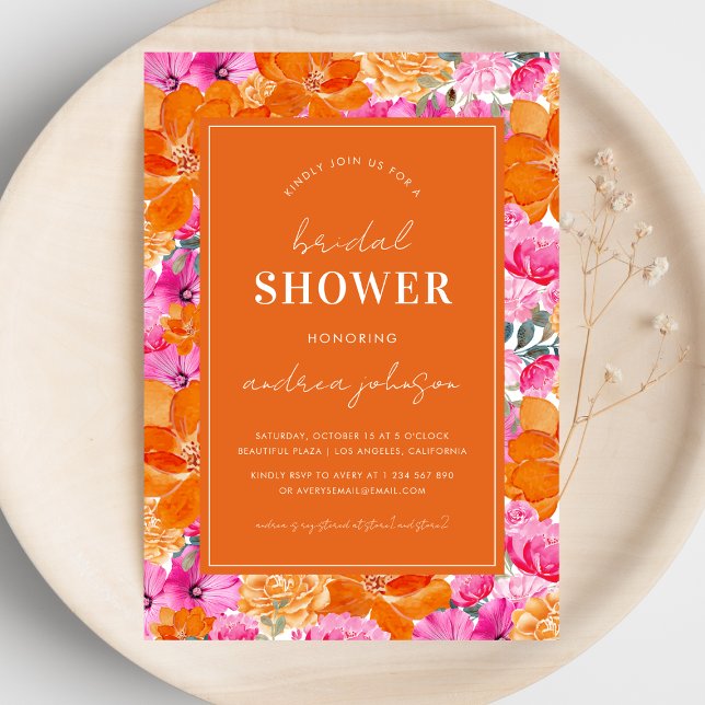 Invitación Vibrante jardín de verano rosado y Naranja ducha d (Subido por el creador)