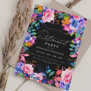 Invitación Vibrante Jardín Fiesta de Jubilación Floral Negro