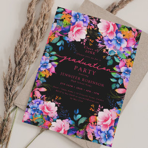 Invitación Vibrante Jardín Floral Graduación Fiesta Negro