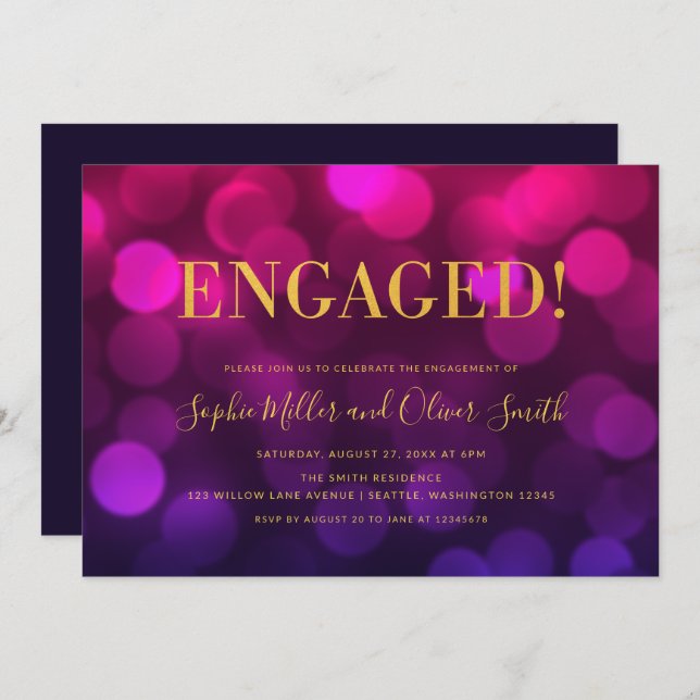 Invitación Vibrante Magenta Bokeh Faux Gold Engagement Party (Anverso / Reverso)