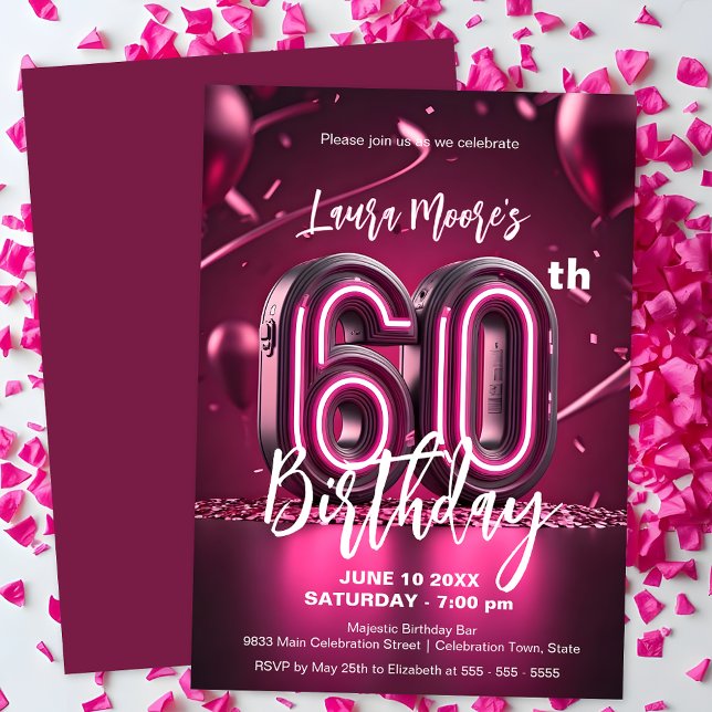 Invitación Vibrante Moda Neon Pink 60. Celebración de cumplea (Subido por el creador)