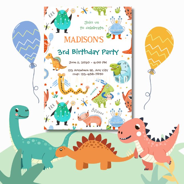Invitación Vibrante Monster y Dinosaurio 3er Fiesta de cumple (Subido por el creador)