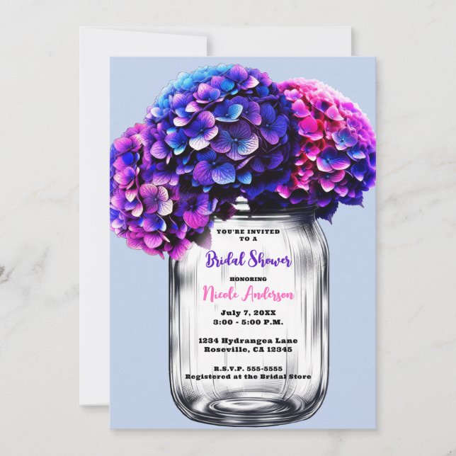 Invitación Vibrante morada azul rosa azul hidráneas ducha de  (Anverso)