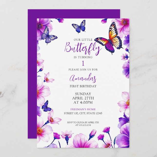 Invitación Vibrante Morado Floral Butterflies Primer cumpleañ (Anverso / Reverso)