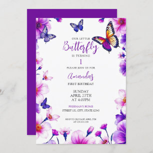 Invitación Vibrante Morado Floral Butterflies Primer cumpleañ