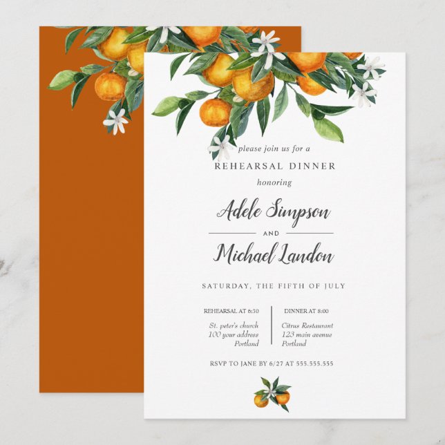 Invitación Vibrante Naranja de mandarina Citrus Cena (Anverso / Reverso)