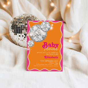 Invitación Vibrante Naranja Pink Disco Ball Baby Shower Desig