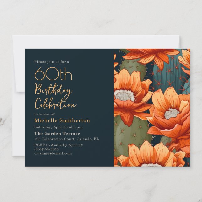 Invitación Vibrante Naranja Verde Cactus Desierto 60 Cumpleañ (Anverso)