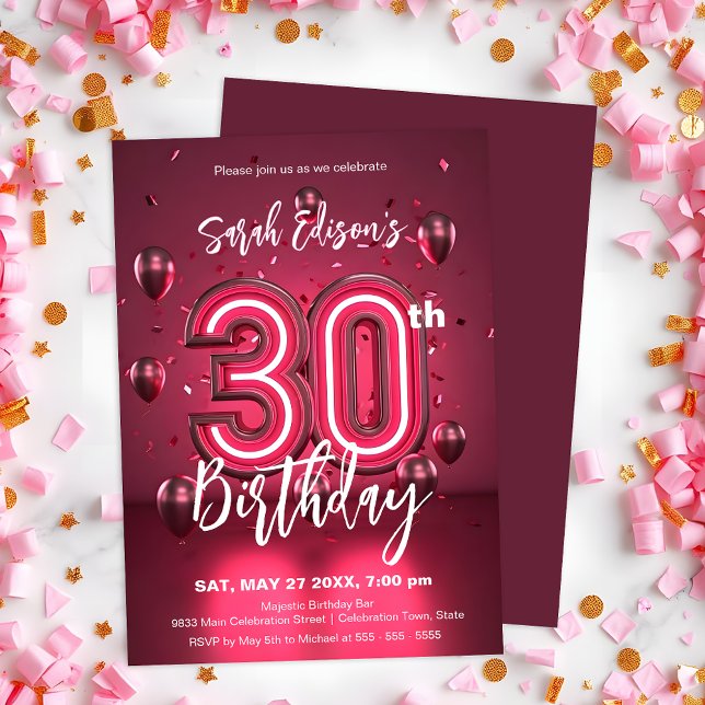Invitación Vibrante neón rosado 30 cumpleaños con globos (Subido por el creador)