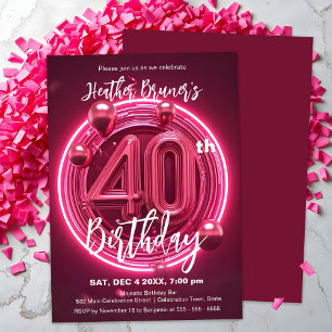 Invitación Vibrante neón rosado 40 cumpleaños con globos