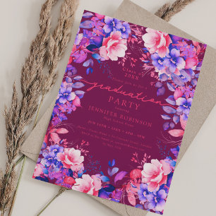 Invitación Vibrante Partido de Graduación Floral Púrpura Mage
