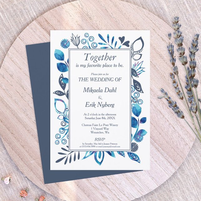 Invitación Vibrante patrón floral azul y gris azulado (blue-gray slate blue wedding invitation template)