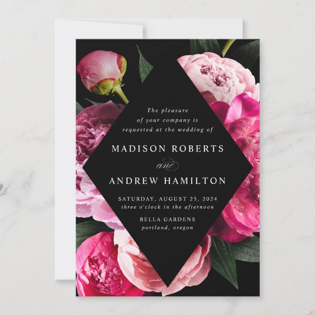Invitación Vibrante Peonies Boda de marco floral de diamante  (Anverso)