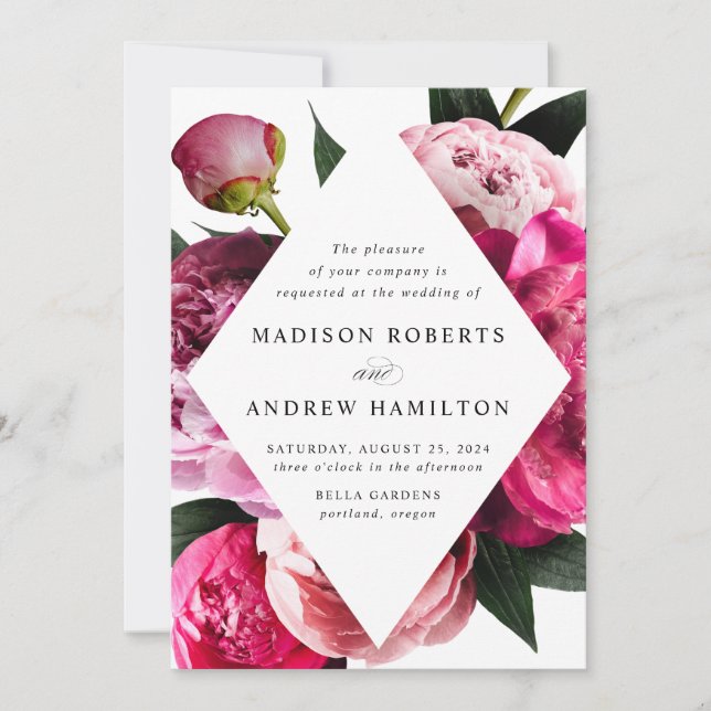 Invitación Vibrante Peonies Diamond Floral Frame Boda (Anverso)