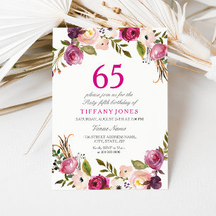 Invitación Vibrante Pink Botanical Floral 65th Birthday Invit