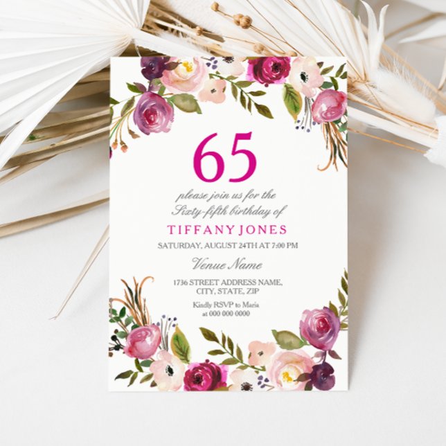 Invitación Vibrante Pink Botanical Floral 65th Birthday Invit (Subido por el creador)