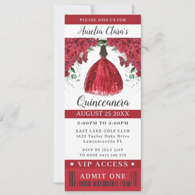 Invitación Vibrante Red Floral Quinceañera Sweet 16 VIP Ticke (Anverso)