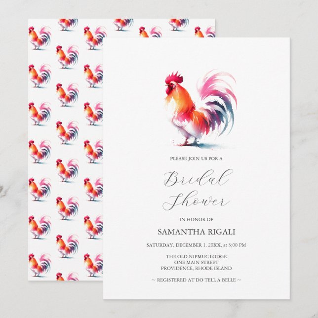 Invitación Vibrante Rooster Bridal Shower (Anverso / Reverso)