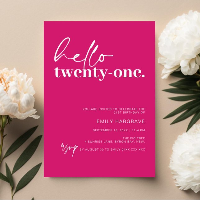Invitación Vibrante Rosa Caliente Hola 21 Fiesta de cumpleaño (Subido por el creador)