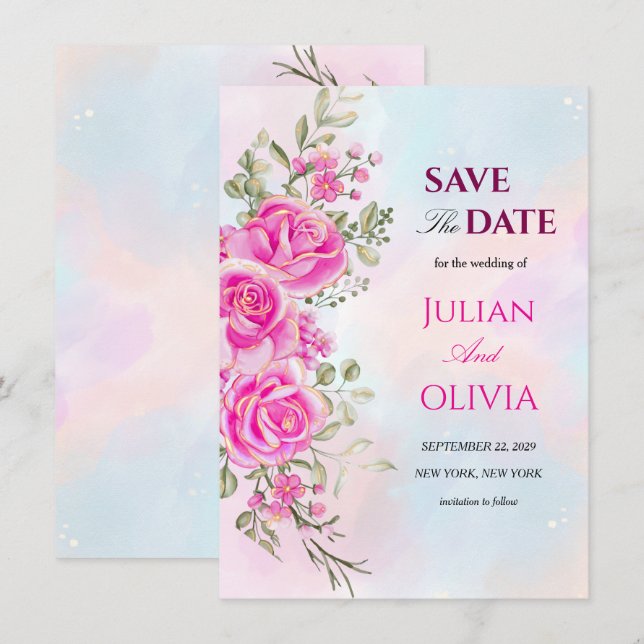 Invitación Vibrante Rosa Caliente Salva la Fecha (Anverso / Reverso)