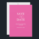 Invitación Vibrante Rosa Fucsia para Guardar la Fe<br><div class="desc">Anuncia tu compromiso con esta tarjeta minimalista de "save the date". Cuenta con una mezcla de tipografía clásica y de escritura en blanco sobre un vibrante fondo rosa fucsia. Utiliza los campos del modelo para personalizar con tu nombre y fecha de boda. Incluso puedes personalizar los colores para adaptarlos a...</div>