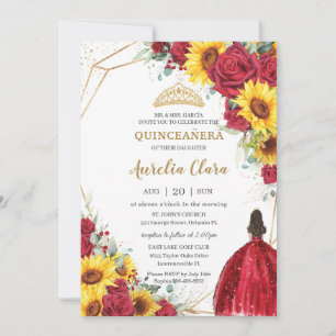 Invitación Vibrante Rosa Rojo Girasol Floral Oro Quinceañera