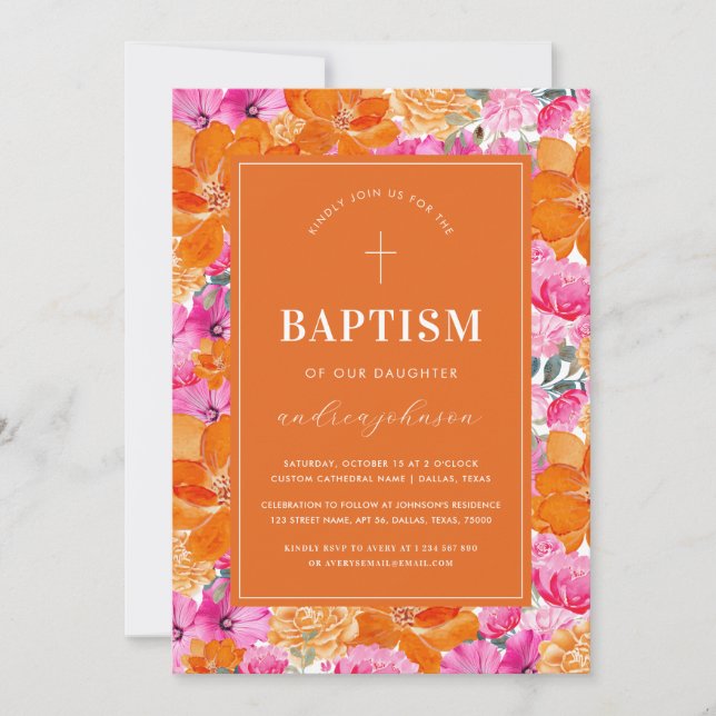 Invitación Vibrante rosado y Naranja Baptismo de la cruz del  (Anverso)