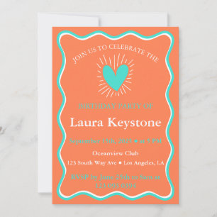 Invitación Vibrante turquesa, coral y blanco retro ondulado