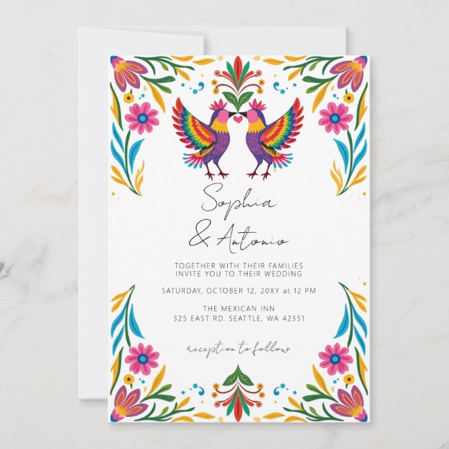 Invitación Vibrantes Aves Mexicanas Boda de Fiesta Floral Oto (Anverso)