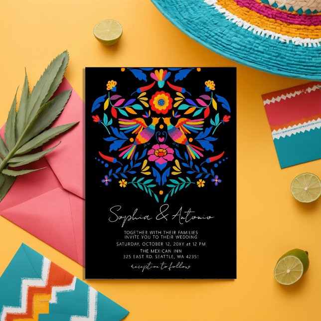 Invitación Vibrantes Aves Mexicanas Boda de Fiesta Floral Oto (Vibrant Mexican Birds Otomi Floral Fiesta Wedding Invitation)