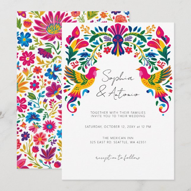 Invitación Vibrantes Aves Mexicanas Boda de Fiesta Floral Oto (Anverso / Reverso)