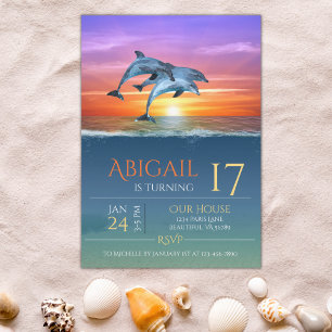 Invitación Vibrantes delfines Sunset saltando al océano Cumpl