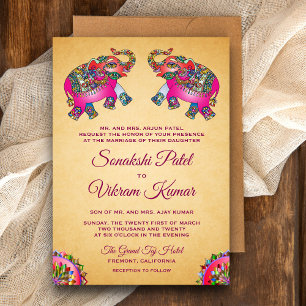 Invitación Vibrantes elefantes de etnia rosa Boda indio