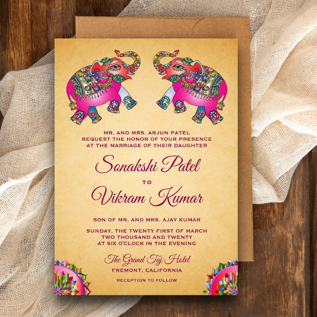 Invitación Vibrantes elefantes de etnia rosa Boda indio (Subido por el creador)