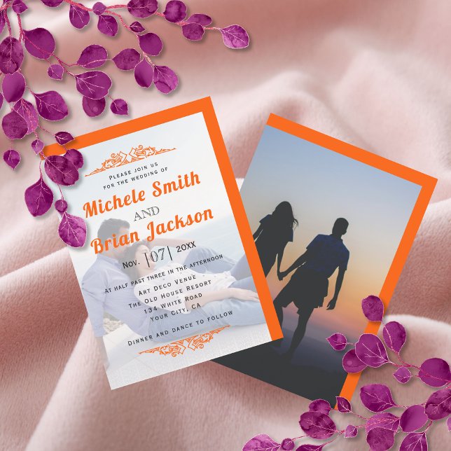 Invitación Vibrantes elementos de época naranja y boda fotogr (Subido por el creador)