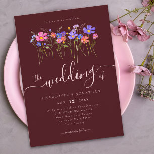Invitación Vibrantes flores silvestres audaces Burgundy rosa 