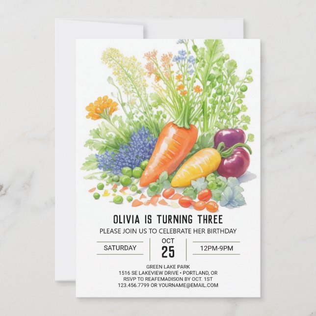 Invitación Vibrantes verduras Jardín Cumpleaños (Anverso)