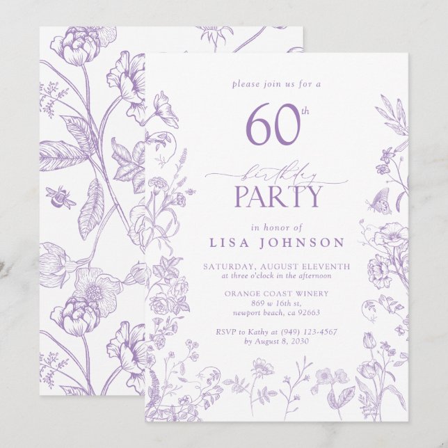 Invitación Victoria Flowers 60th Birthday Party Lilac Script (Anverso / Reverso)