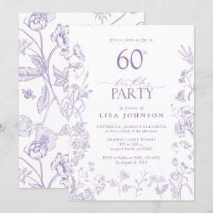 Invitación Victoria Flowers 60th Birthday Party Lilac Script