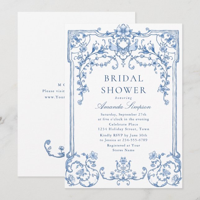 Invitación Victoria Ornate Grace Dusty Blue Bridal Shower (Anverso / Reverso)