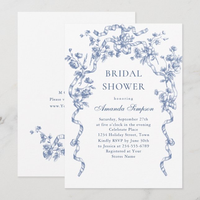 Invitación Victoria Ornate Grace Dusty Blue Bridal Shower (Anverso / Reverso)