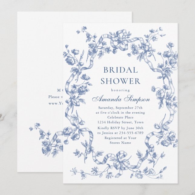 Invitación Victoria Ornate Grace Dusty Blue Bridal Shower (Anverso / Reverso)