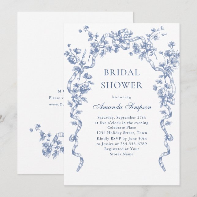 Invitación Victoria Ornate Grace Dusty Blue Bridal Shower (Anverso / Reverso)